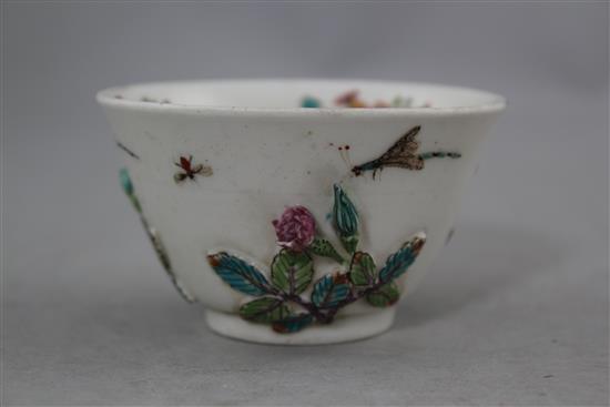 An unusual English soft paste porcelain polychrome teabowl and saucer, possibly Longton Hall c.1755-60, 12.4cm., repair to rim of teabo